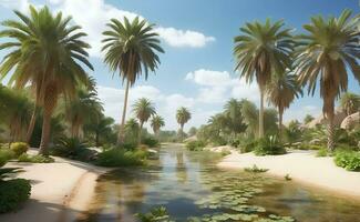 Beautiful oasis with tropical plants in desert. photo