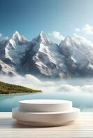 Modern podium with beautiful mountain background. photo