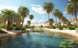 Beautiful oasis with tropical plants in desert. photo