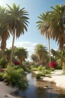 Beautiful oasis with tropical plants in desert. photo