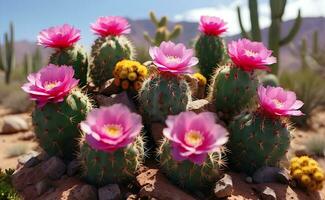 A cute cactus plants with sweet beautiful flowers. photo