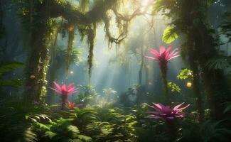 A mysterious forest with blooming outer space flowers. photo