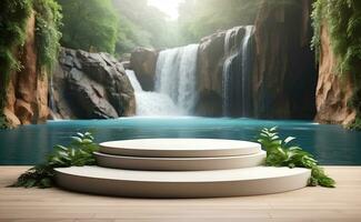 Modern podium for product presentation with mountain and waterfall background. photo