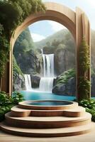 Modern podium for product presentation with mountain and waterfall background. photo