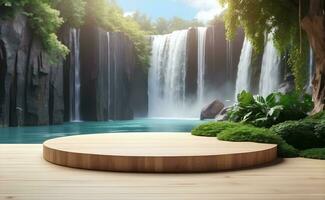 Modern podium for product presentation with mountain and waterfall background. photo