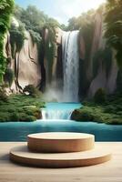 Modern podium for product presentation with mountain and waterfall background. photo