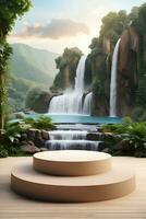 Modern podium for product presentation with mountain and waterfall background. photo