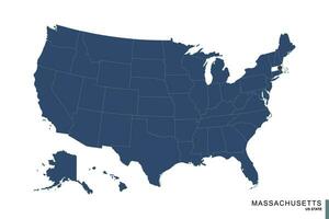 State of Massachusetts on blue map of United States of America. Flag and map of Massachusetts. vector