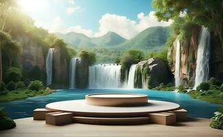Modern podium for product presentation with mountain and waterfall background. photo