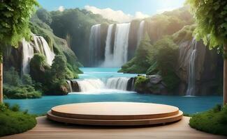 Modern podium for product presentation with mountain and waterfall background. photo