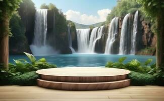 Modern podium for product presentation with mountain and waterfall background. photo