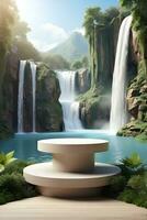 Modern podium for product presentation with mountain and waterfall background. photo