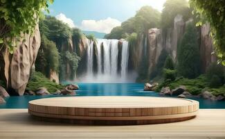 Modern podium for product presentation with mountain and waterfall background. photo