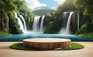 Modern podium for product presentation with mountain and waterfall background. photo