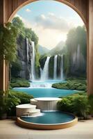 Modern podium for product presentation with mountain and waterfall background. photo