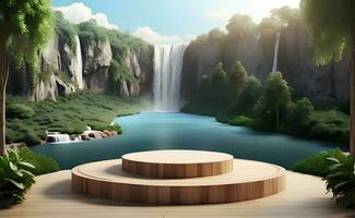Modern podium for product presentation with mountain and waterfall background. photo