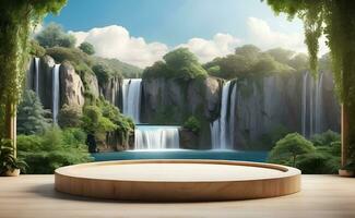 Modern podium for product presentation with mountain and waterfall background. photo