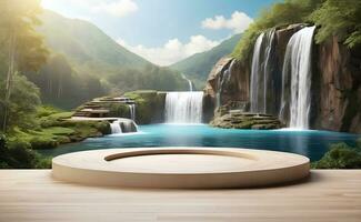 Modern podium for product presentation with mountain and waterfall background. photo