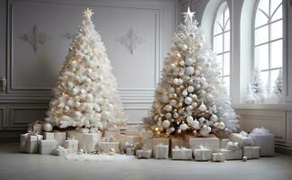 hermosa Navidad árbol con estrellas pelotas regalos y blanco nieve. foto