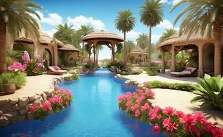 A beautiful resort with a pool and tropical plants in dessert. photo