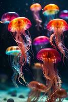 A colorful and vivid color jellyfish under the sea. photo