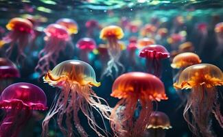 A colorful and vivid color jellyfish under the sea. photo