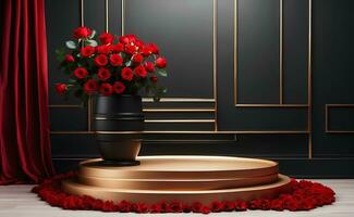 A modern podium with red rose background. photo
