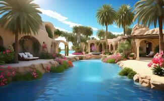 A beautiful resort with a pool and tropical plants in dessert. photo