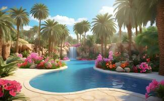 A beautiful resort with a pool and tropical plants in dessert. photo