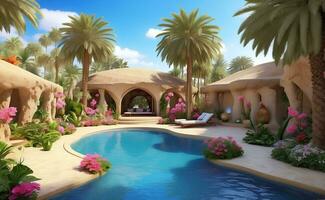 A beautiful resort with a pool and tropical plants in dessert. photo