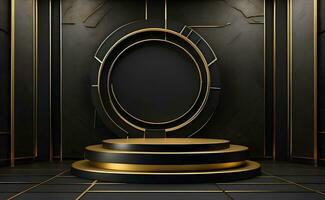 Luxury modern black and gold podium for product display presentation. photo