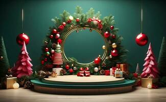 Luxury Merry Christmas product display podium with pine tree and decoration. photo