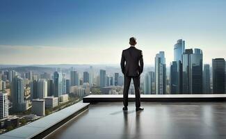 Businessman looking at city from the roof of a modern office building. photo