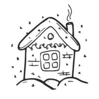 Doodle cozy Christmas house in snow. Winter holidays concept vector