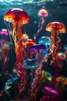 A colorful and vivid color jellyfish under the sea. photo