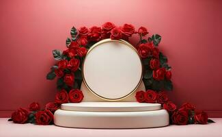 A modern podium with red rose background. photo