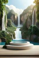 Modern podium for product presentation with mountain and waterfall background. photo