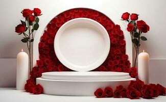 A modern podium with red rose background. photo