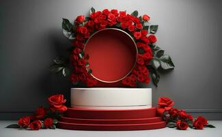 A modern podium with red rose background. photo