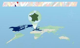 France member of North Atlantic Alliance selected on perspective World Map. Flags of 30 members of alliance. vector