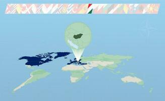 Hungary member of North Atlantic Alliance selected on perspective World Map. Flags of 30 members of alliance. vector