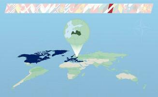 Letonia miembro de norte atlántico Alianza seleccionado en perspectiva mundo mapa. banderas de 30 miembros de Alianza. vector