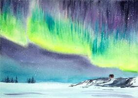 Hand drawn watercolor northern lights landscape. Watercolor aurora. vector