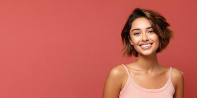AI generated Smimilg young woman with tanned skin and short groomed hair isolated on flat red pastel background with copy space. Model for banner of cosmetic products, beauty salon and dentistry photo