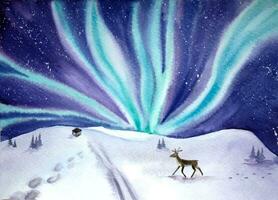 Watercolor winter landscape with northern lights and a reindeer. Aurora borealis winter landscape. vector