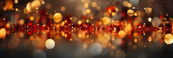 AI generated Panoramic background with colorful bokeh effect. Golden abstract lights on dark Holiday illumination and decoration concept photo