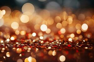 AI generated Panoramic background with colorful bokeh effect. Golden abstract lights on dark Holiday illumination and decoration concept photo