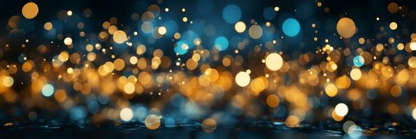 AI generated Panoramic background with colorful bokeh effect. Golden abstract lights on dark Holiday illumination and decoration concept photo