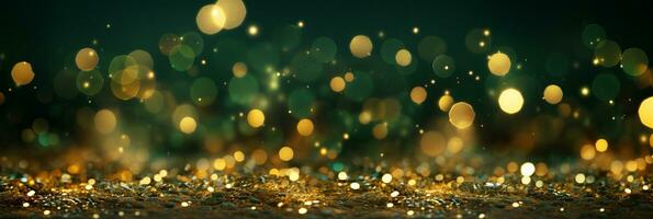 AI generated Panoramic background with colorful bokeh effect. Golden abstract lights on dark Holiday illumination and decoration concept photo