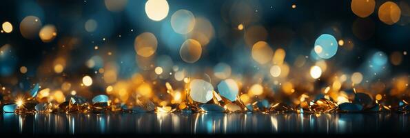 AI generated Panoramic background with colorful bokeh effect. Golden abstract lights on dark Holiday illumination and decoration concept photo